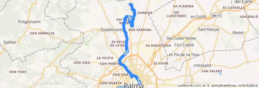 Mapa del recorrido Bus 9: Porta de Sant Antoni → Universitat de la línea  en پالما.