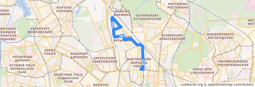 Mapa del recorrido Автобус 126: Метро «Тимирязевская» => Метро «Марьина Роща» de la línea  en Северо-Восточный административный округ.
