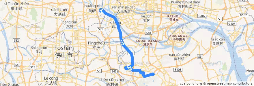 Mapa del recorrido 312路(滘口客运站总站-祈福新村总站) de la línea  en Guangzhou City.