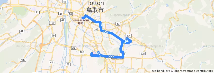 Mapa del recorrido 桜谷団地線鳥取駅方面 de la línea  en 鳥取市.