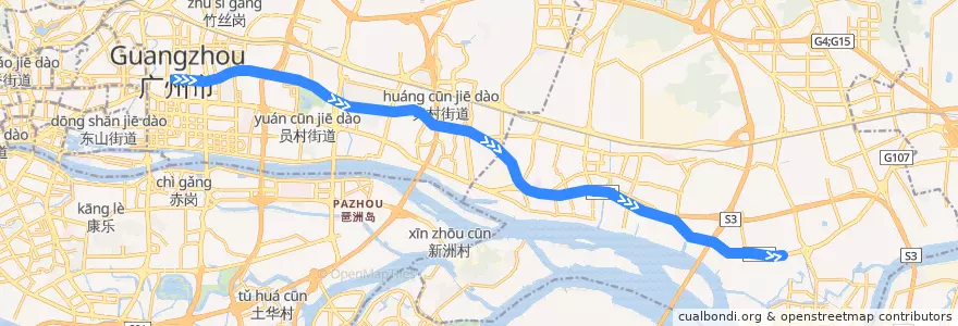 Mapa del recorrido B1路(BRT体育中心-BRT夏园) de la línea  en Гуанчжоу.