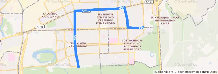 Mapa del recorrido Автобус 97: Площадь Соловецких Юнг => Метро «Измайловская» de la línea  en Östlicher Verwaltungsbezirk.