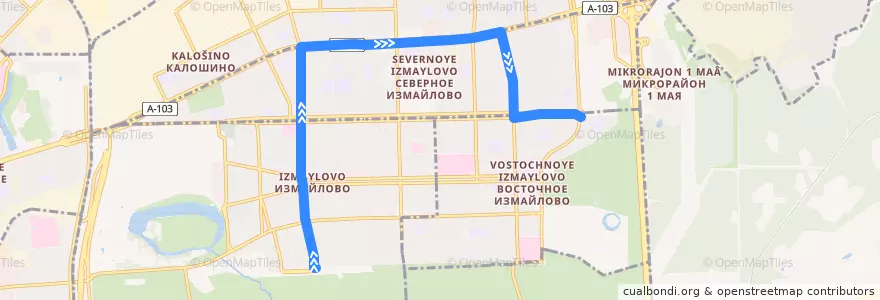 Mapa del recorrido Автобус 97: Метро «Измайловская» => Площадь Соловецких Юнг de la línea  en Восточный административный округ.