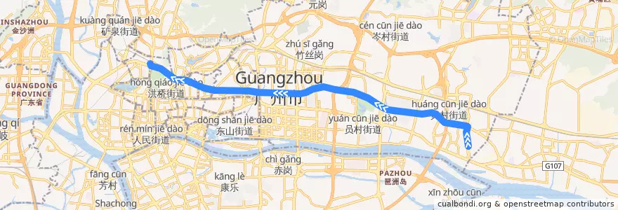Mapa del recorrido B2A路[汇彩路总站-广州火车站(草暖公园)总站] de la línea  en Guangzhou City.