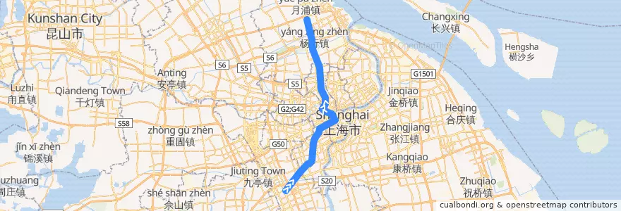 Mapa del recorrido Metro 1号线: 莘庄 → 富锦路 de la línea  en Shanghai.