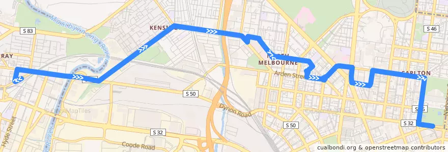 Mapa del recorrido Bus 402: Footscray Station => North Melbourne => East Melbourne de la línea  en City of Melbourne.