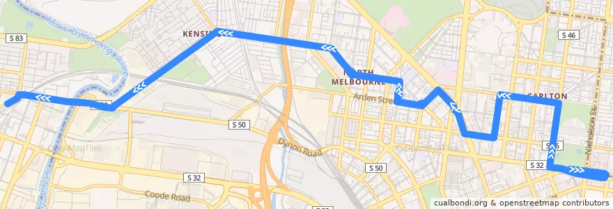 Mapa del recorrido Bus 402: East Melbourne => North Melbourne => Footscray Station de la línea  en City of Melbourne.