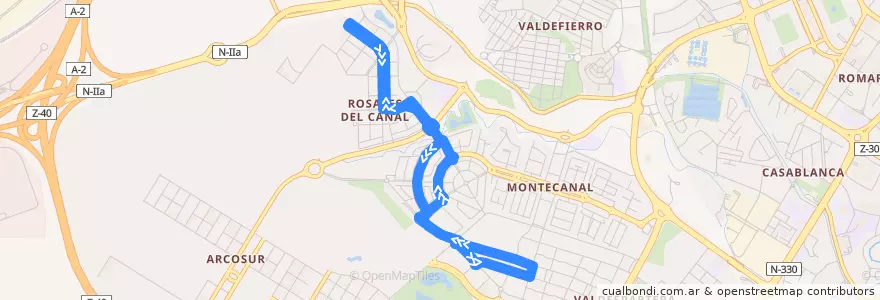 Mapa del recorrido Bus 54: Rosales del Canal - Tranvía de la línea  en سرقسطة.