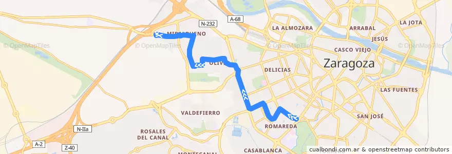 Mapa del recorrido Bus 53: Plaza Emperador Carlos V => Miralbueno de la línea  en Saragozza.