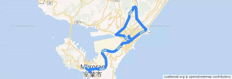 Mapa del recorrido 中央町工大循環線 de la línea  en 室蘭市.