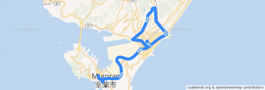 Mapa del recorrido 中央町工大循環線 de la línea  en 室蘭市.