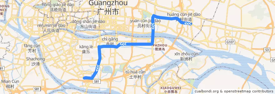 Mapa del recorrido B7快线(东圃客运站总站-海珠客运站总站) de la línea  en Guangzhou City.
