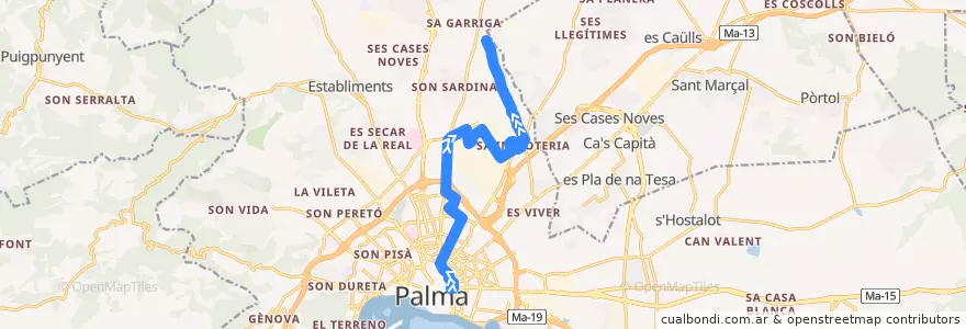 Mapa del recorrido Bus 11: Porta de Sant Antoni → Sa Indioteria de la línea  en Palma.