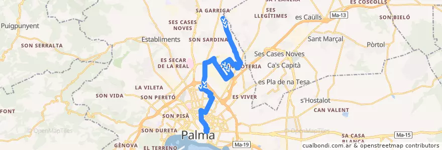 Mapa del recorrido Bus 11: Sa Indioteria → Porta de Sant Antoni de la línea  en ميورقة.