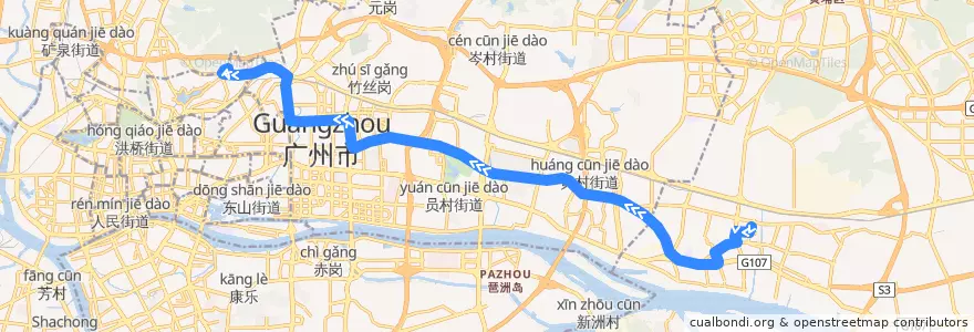 Mapa del recorrido B16路(黄埔体育中心总站-云台花园总站) de la línea  en Guangzhou City.