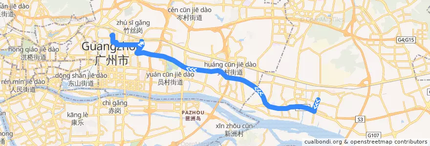 Mapa del recorrido B17路(石化路总站-广州火车东站总站) de la línea  en Гуанчжоу.