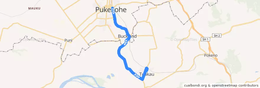 Mapa del recorrido Pukekohe to Tuakau de la línea  en New Zealand.