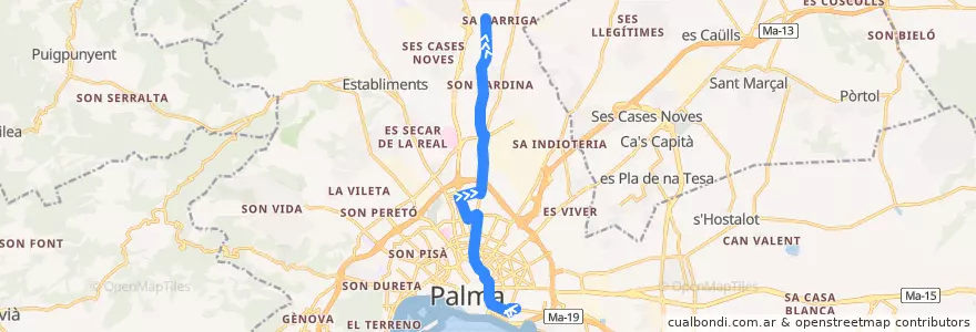 Mapa del recorrido Bus 12: Nou Llevant → Sa Garriga de la línea  en Пальма.