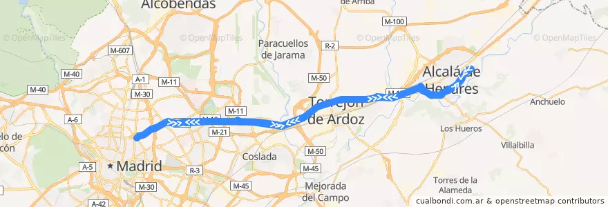Mapa del recorrido Bus 229: Alcalá de Henares (Virgen del Val) - Madrid (Avenida de América) de la línea  en Área metropolitana de Madrid y Corredor del Henares.