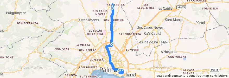 Mapa del recorrido Bus 12: Sa Garriga → Nou Llevant de la línea  en پالما.
