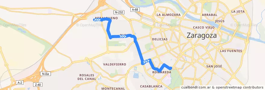 Mapa del recorrido Bus 53: Miralbueno => Plaza Emperador Carlos V de la línea  en سرقسطة.