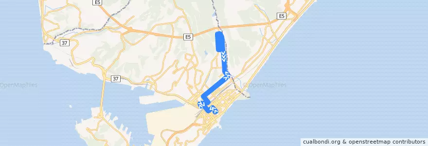 Mapa del recorrido ろう学校線 de la línea  en 室蘭市.