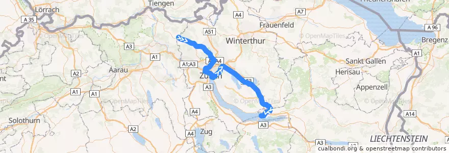 Mapa del recorrido S15: Niederweningen –> Rapperswil SG de la línea  en 취리히.