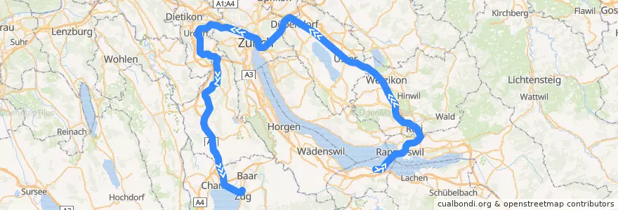 Mapa del recorrido S5: Pfäffkon SZ –> Zug de la línea  en Zurich.