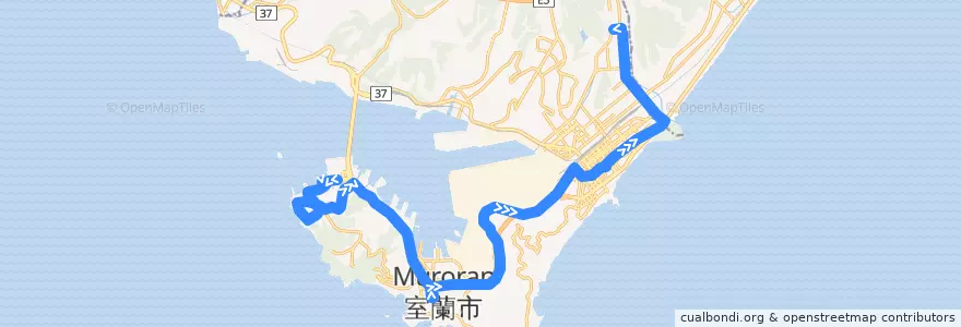 Mapa del recorrido みたら・水族館前工大線 de la línea  en 室蘭市.
