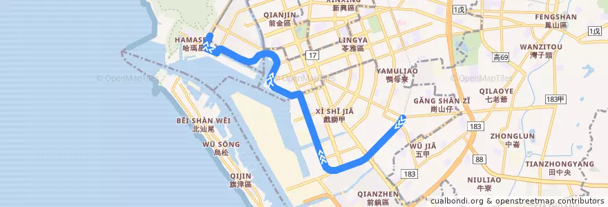Mapa del recorrido 高雄環狀輕軌 (順行) de la línea  en كاوهسيونغ.