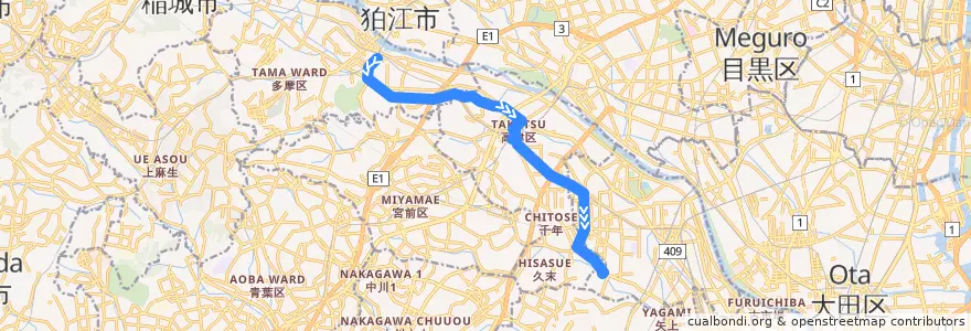 Mapa del recorrido 久地線　登戸駅 => 溝口駅前 => 井田営業所前 de la línea  en 川崎市.
