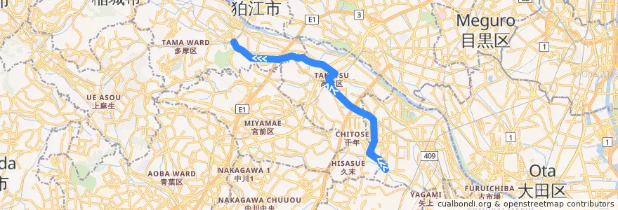 Mapa del recorrido 久地線　井田営業所前 => 溝口駅前 => 向丘遊園駅前 de la línea  en 川崎市.