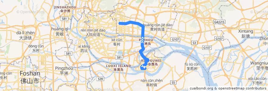 Mapa del recorrido B25路(大学城中部枢纽总站-BRT体育中心) de la línea  en 広州市.