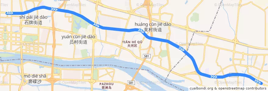 Mapa del recorrido B27路(体育中心-黄埔客运站总站) de la línea  en Гуанчжоу.
