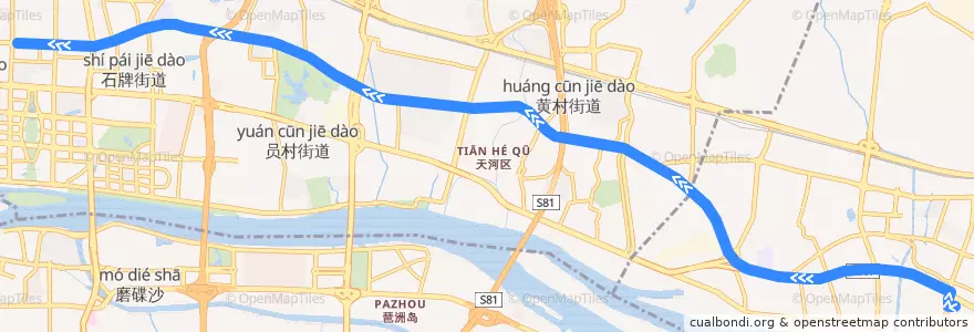 Mapa del recorrido B27路(黄埔客运站总站-BRT体育中心) de la línea  en Guangzhou City.