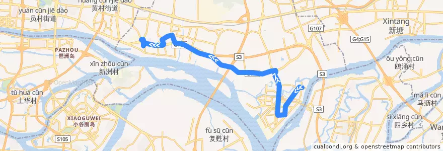 Mapa del recorrido B28路[保税区(酒博城)总站-地铁鱼珠站总站] de la línea  en Huangpu District.