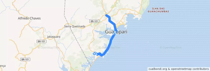Mapa del recorrido 029 Condados x BR-101 via Rodovia Jones dos Santos Neves de la línea  en Guarapari.