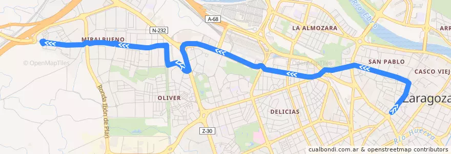 Mapa del recorrido Bus 52: Puerta del Carmen => Miralbueno de la línea  en サラゴサ.