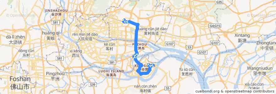 Mapa del recorrido 大学城2线(大学城广中医总站-华工大总站) de la línea  en Гуанчжоу.