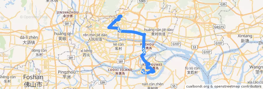 Mapa del recorrido 大学城4线(大学城广大总站-天平架总站) de la línea  en Guangzhou City.