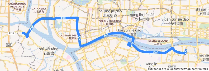 Mapa del recorrido 旅游2线[芳村大道西(滘口客运站)总站-珠江帝景苑总站] de la línea  en Guangzhou City.