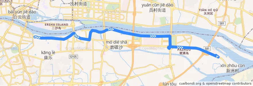 Mapa del recorrido 旅游观光1线(珠江泳场总站-黄埔古村总站) de la línea  en Haizhu District.