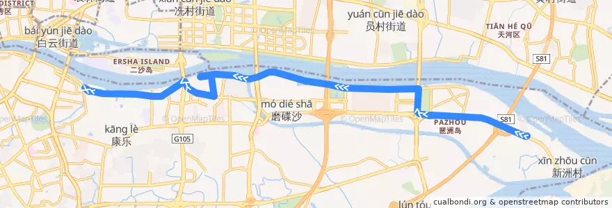 Mapa del recorrido 旅游观光1线(黄埔古村总站-珠江泳场总站) de la línea  en Haizhu District.