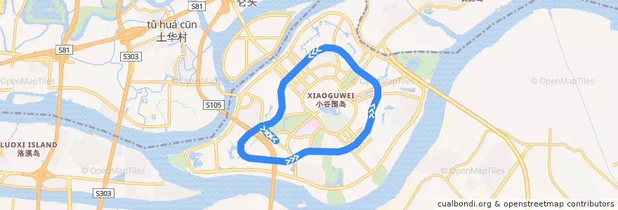 Mapa del recorrido 大学城环线1路(市国家档案馆南环线) de la línea  en Xiaoguwei Subdistrict.