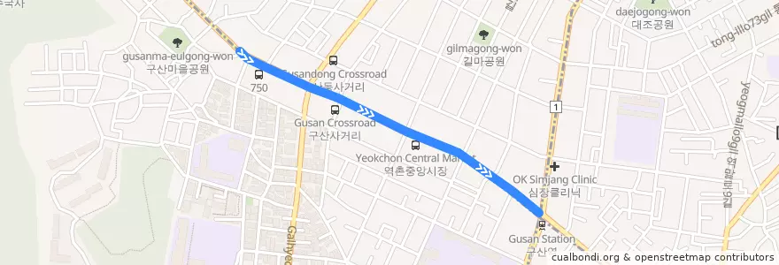 Mapa del recorrido 7720 de la línea  en 구산동.