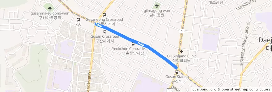 Mapa del recorrido 7613 de la línea  en 구산동.