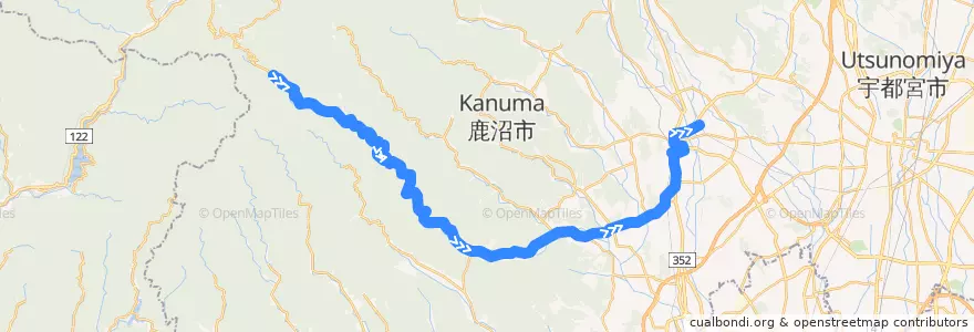 Mapa del recorrido 鹿沼市リーバス上粕尾山の神線 山の神⇒鹿沼駅 de la línea  en 鹿沼市.