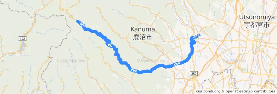 Mapa del recorrido 鹿沼市リーバス上粕尾山の神線 鹿沼駅⇒山の神 de la línea  en 鹿沼市.