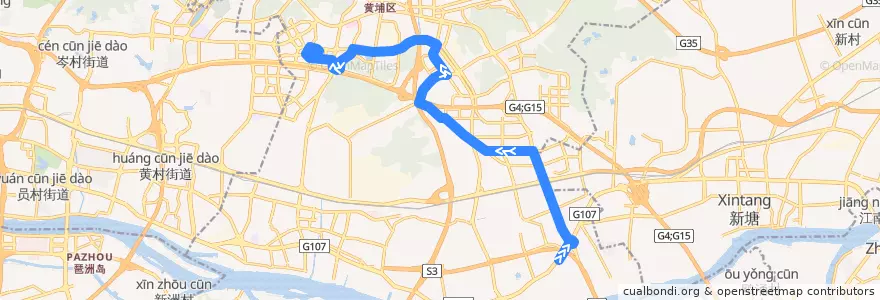 Mapa del recorrido 321路[南岗总站-科学城(天泰二路)总站] de la línea  en 黄埔区.
