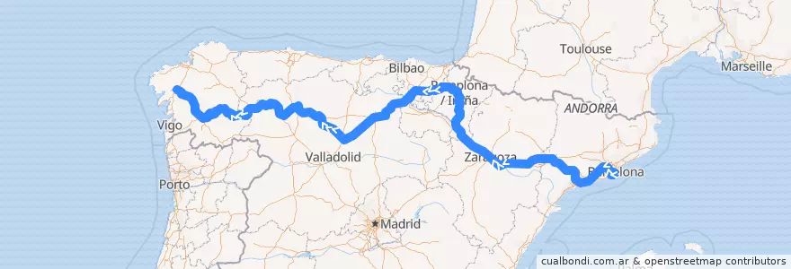 Mapa del recorrido Alvia Barcelona - A Coruña de la línea  en Испания.